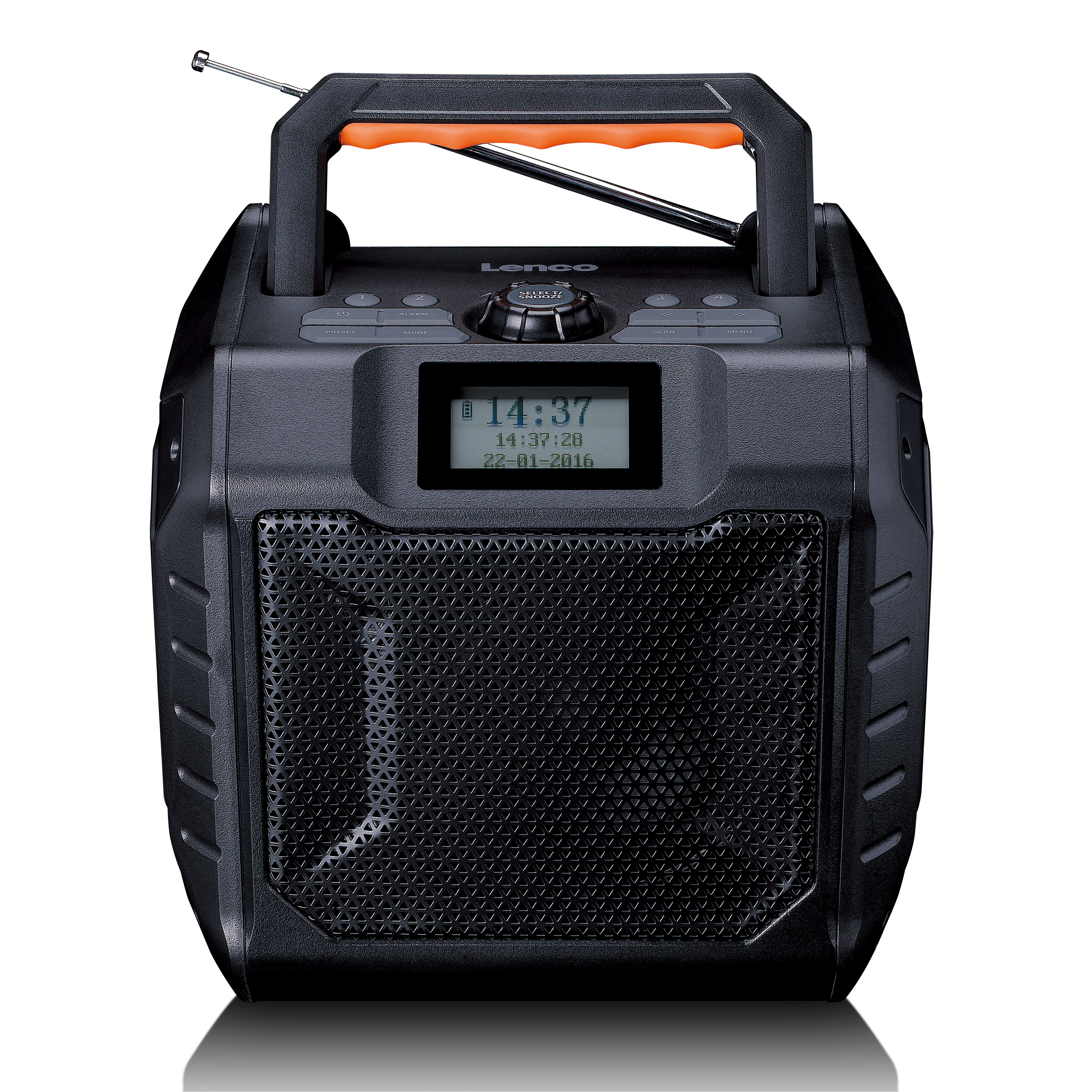 Black Lenco speaker with extendable antenna and orange handle.