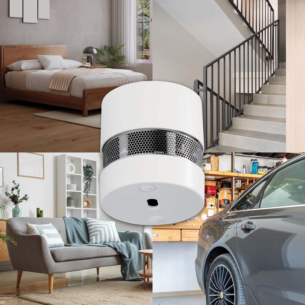 Eine Collage aus Schlafzimmer, Treppenhaus, Wohnzimmer und Garage mit einem Rauchmelder.