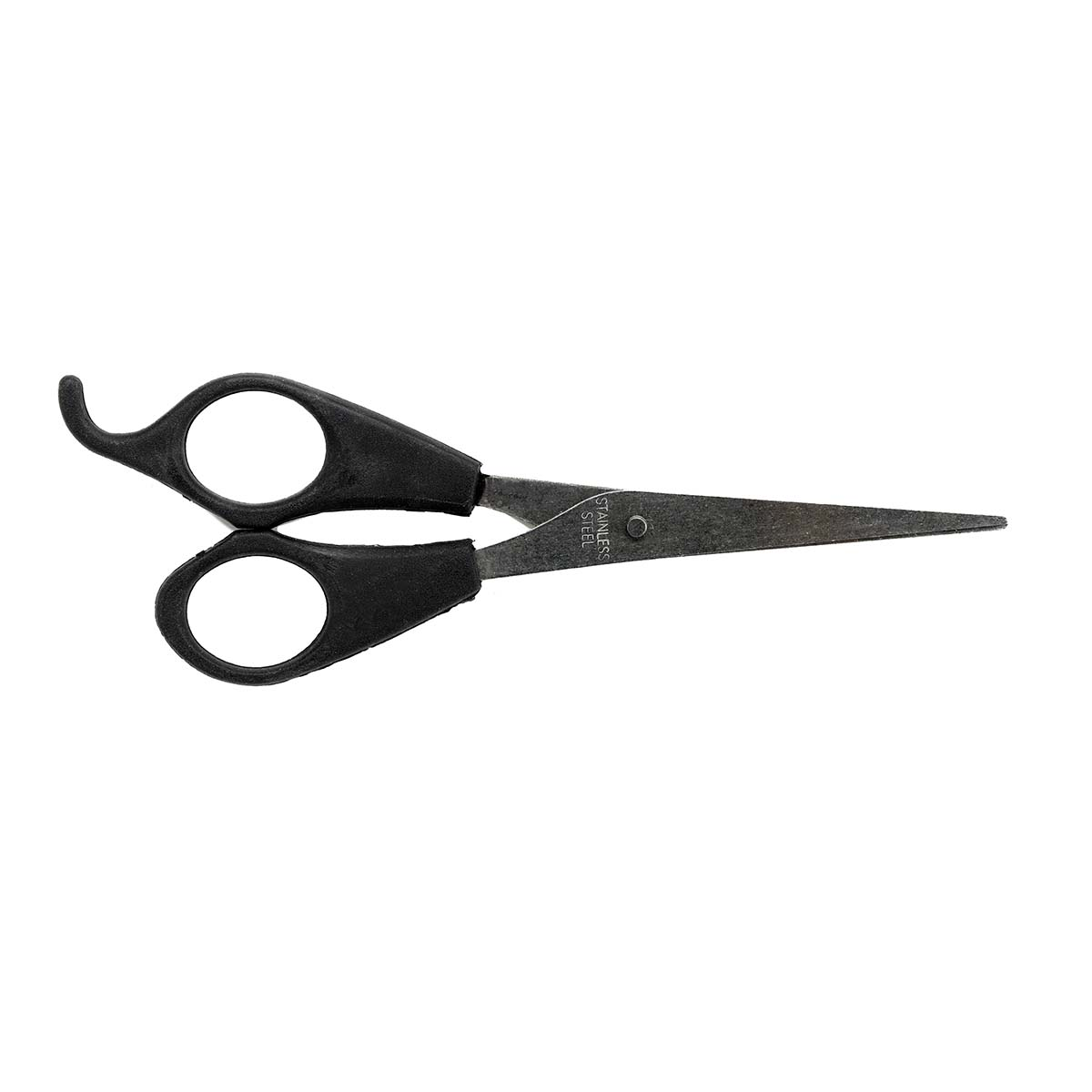 Zwarte schaar met zilveren bladen en zwarte handvatten op witte achtergrond.