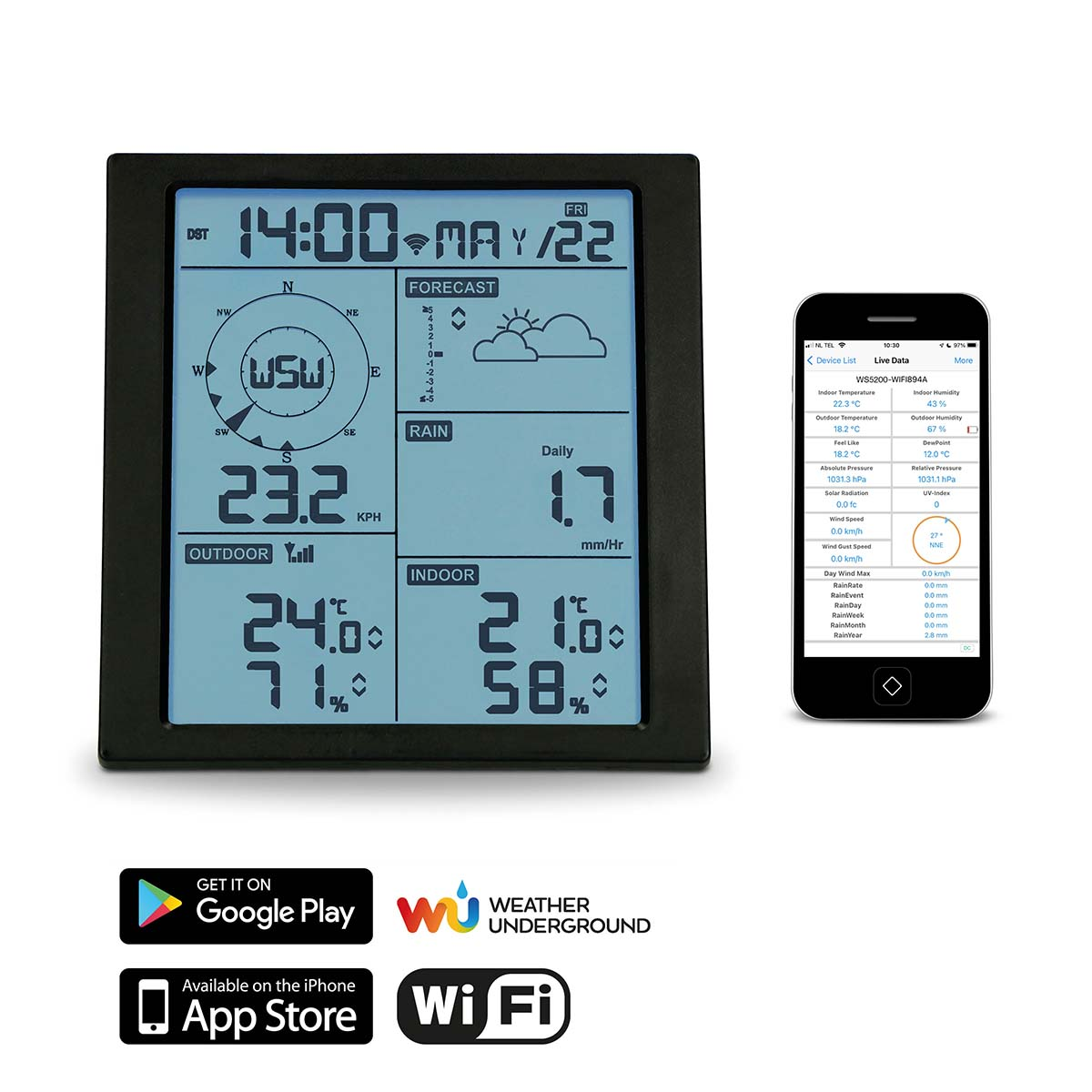 Ein Wetterstation-Display zeigt Zeit, Datum, Innen-/Außentemperatur, Regen und Wind.
