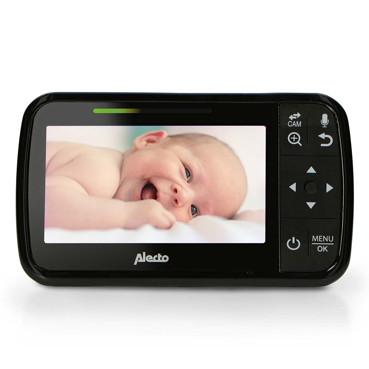 A baby lies on a white blanket, displayed on a baby monitor screen.