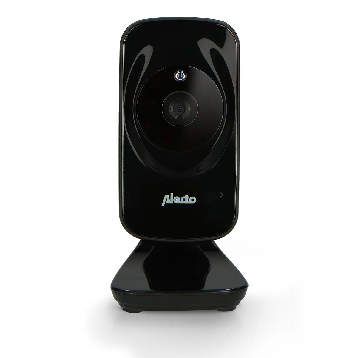 Black Alecto branded baby monitor camera with lens on a base.
