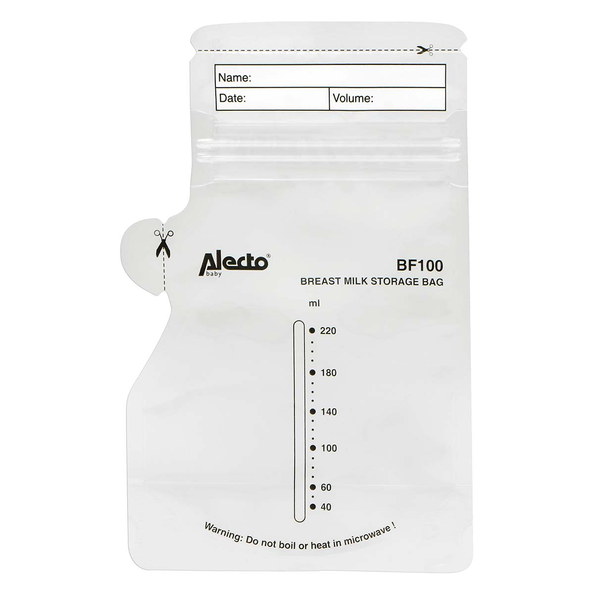 A white breast milk storage bag with a measurement scale and fields for name, date, and volume.