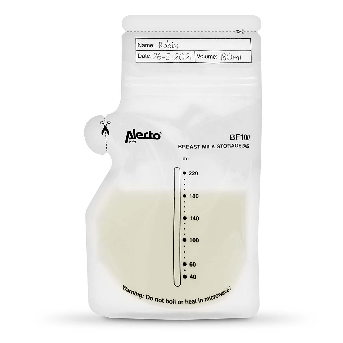 A half-filled milk storage bag with volume markings and a label area.