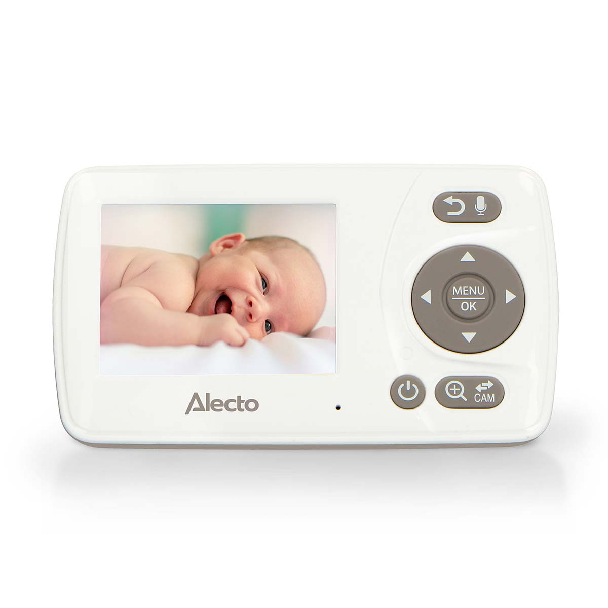 Ein weißes Babyphone mit einem Bild eines lächelnden Babys auf dem Bildschirm.