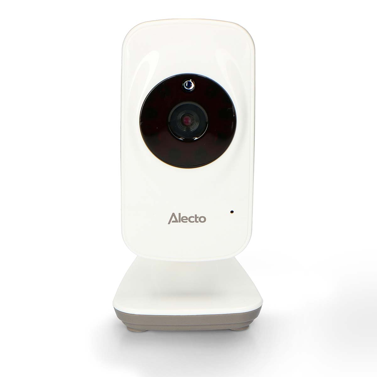 Weiße Alecto Babykamera mit grauer Basis, schwarzem Objektiv und rotem Ring.