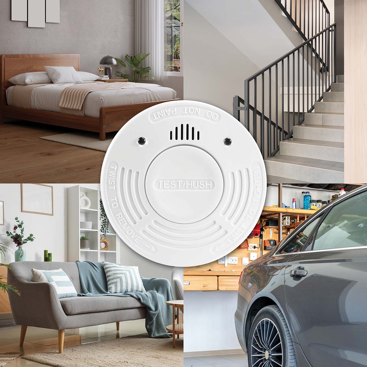 Collage: Schlafzimmer, Treppe, Wohnzimmer, Garage und Rauchmelder.