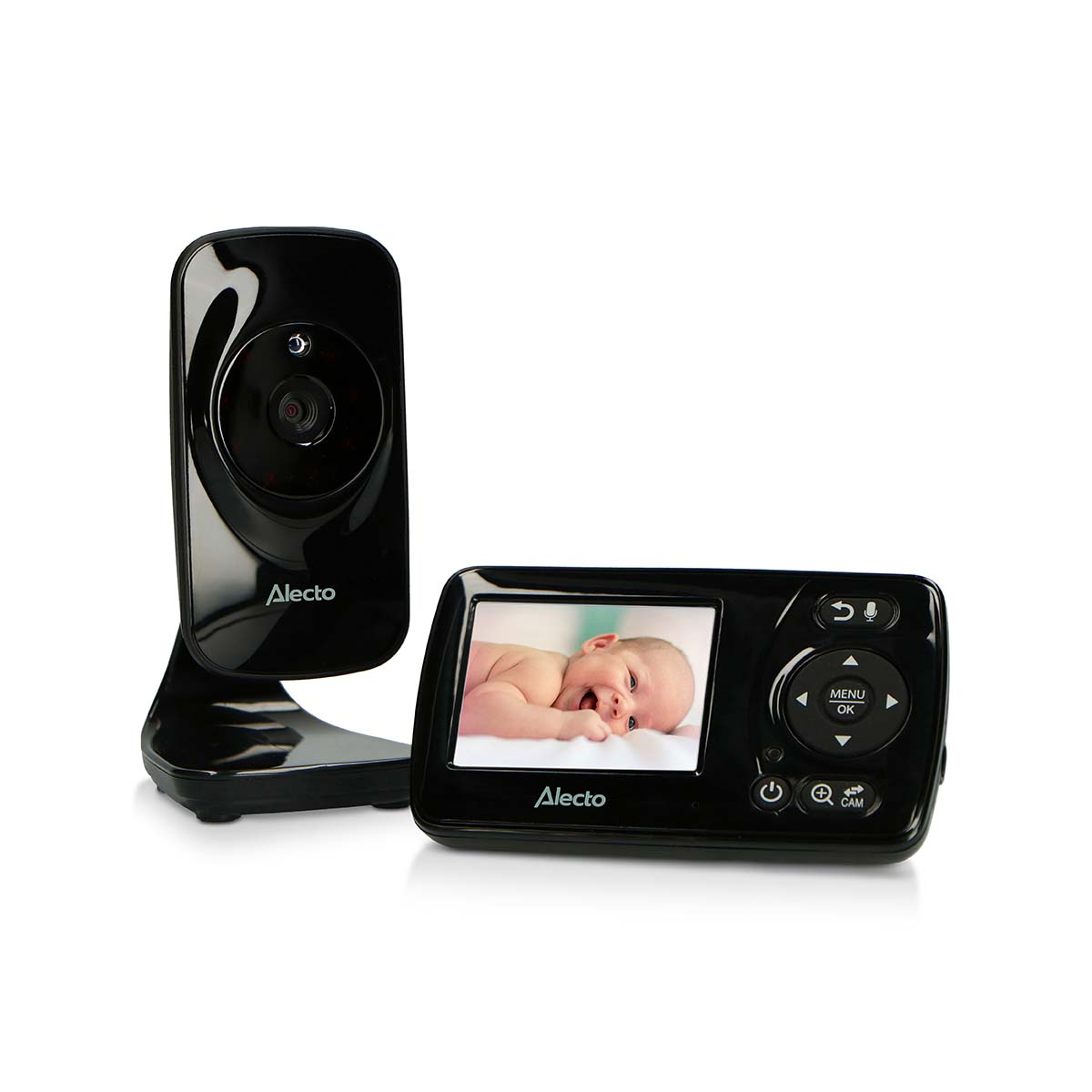 A black baby monitor set with a screen displaying a baby and a camera.