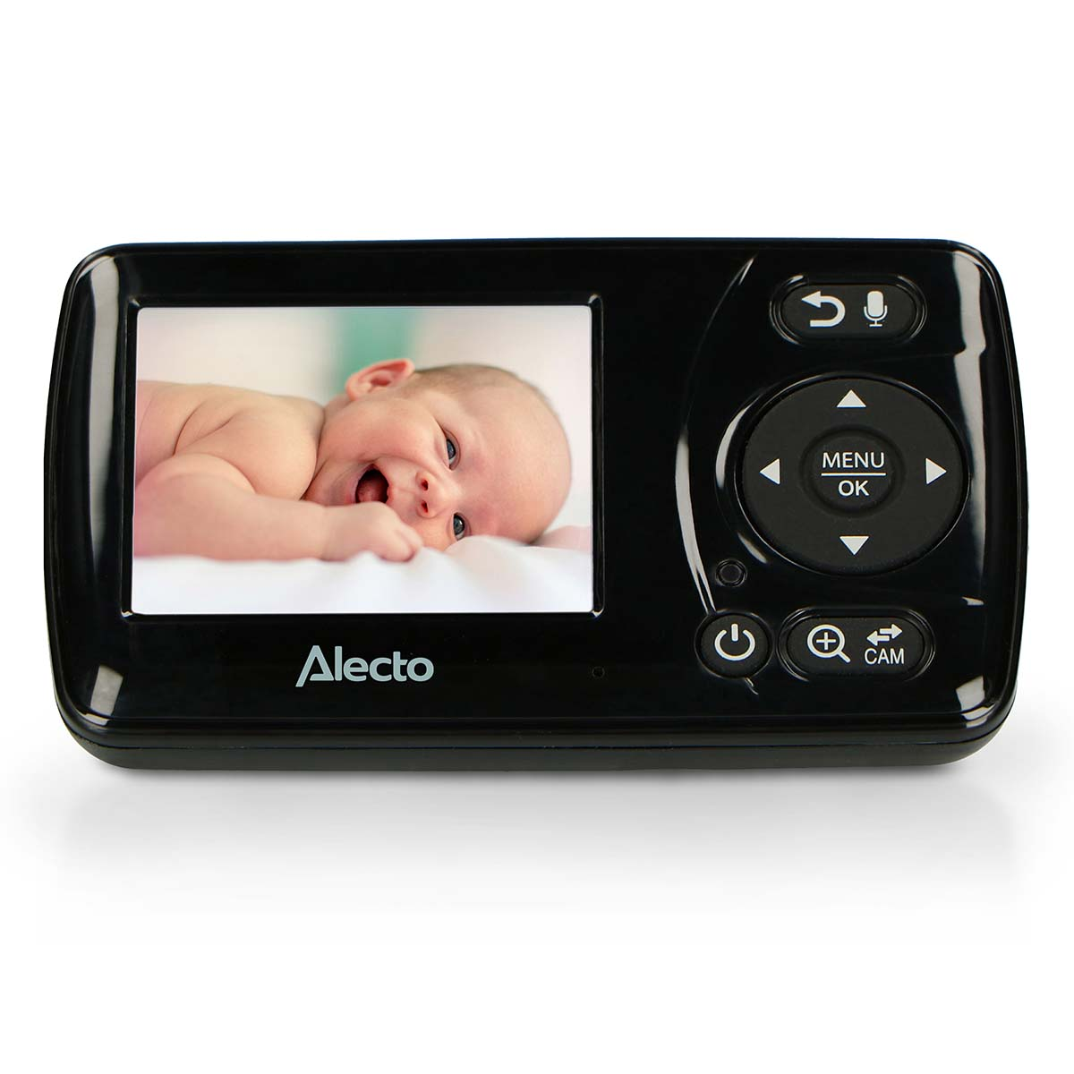 A baby lies on a white blanket. The screen shows the baby and the 'Alecto' logo.