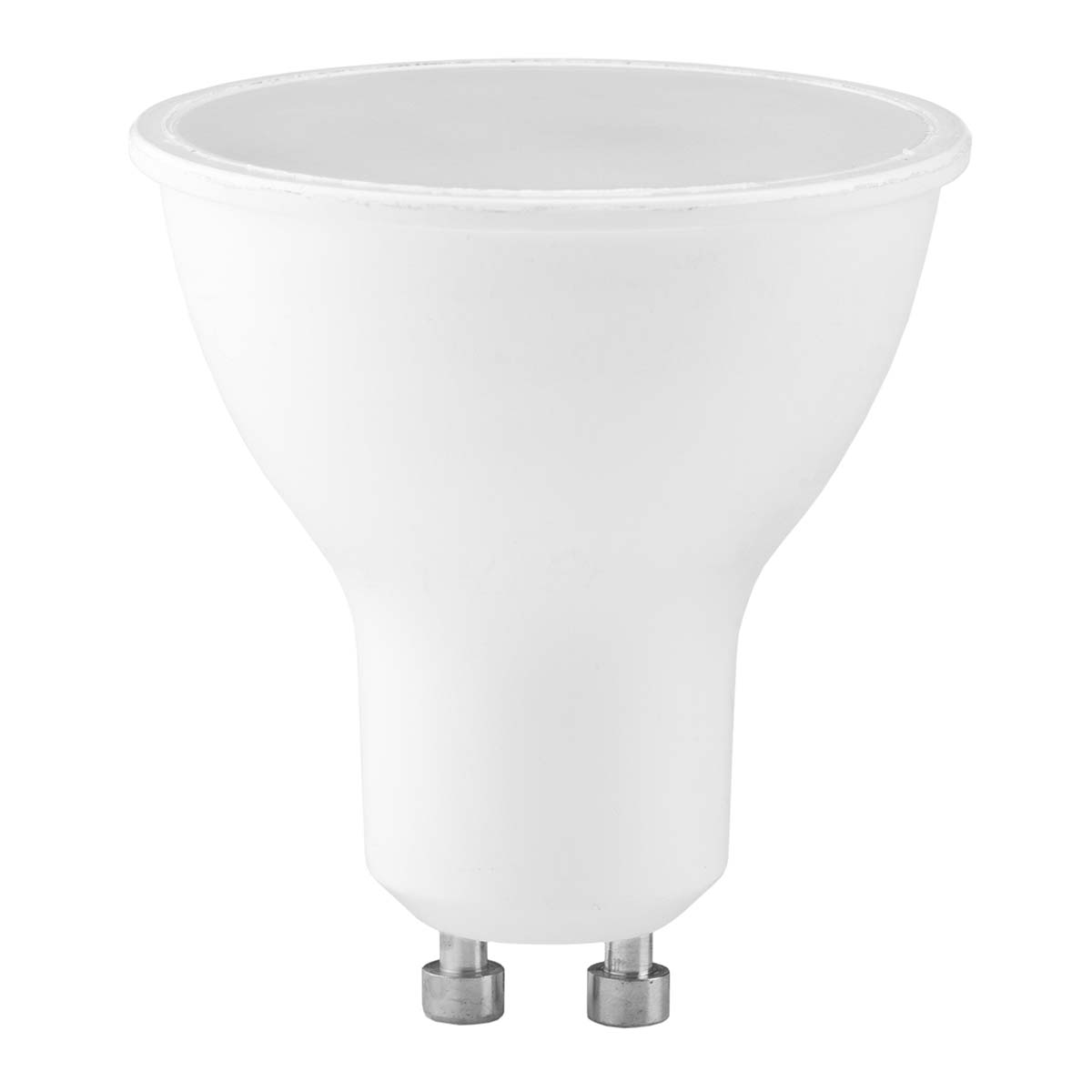 Weiße LED-Lampe mit GU10-Sockel, auf weißem Hintergrund.