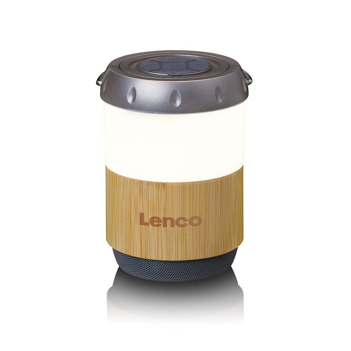 Un altoparlante Lenco con venature di legno e cassa illuminata.