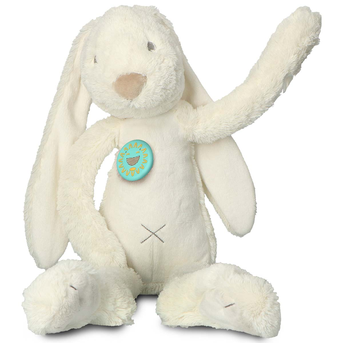 A soft, cream-colored plush bunny toy with long ears and a blue sun patch.