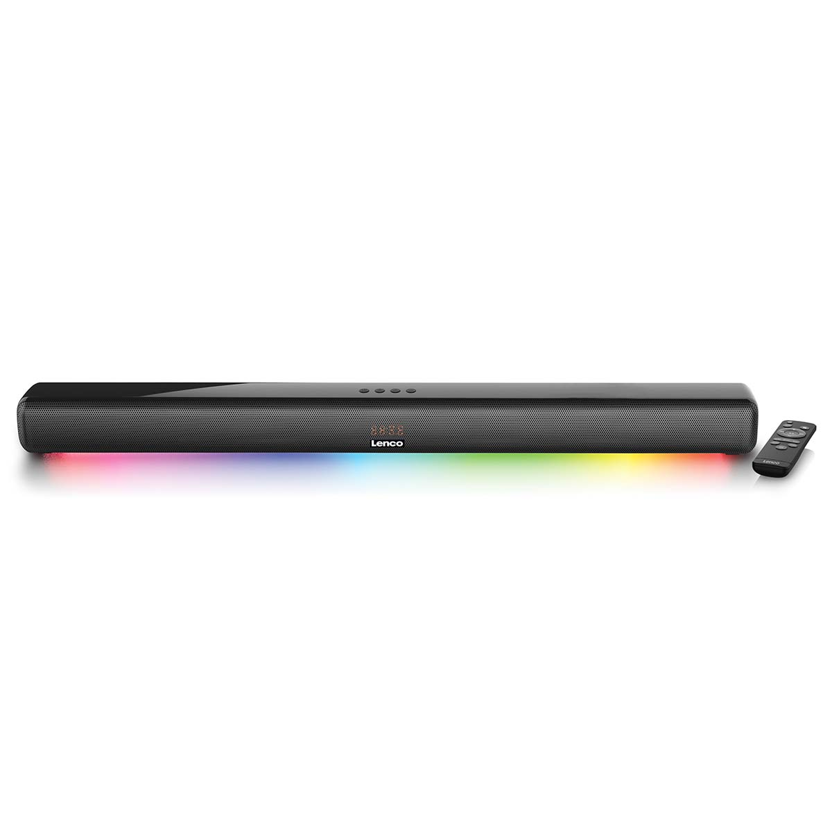 Czarny soundbar Lenco z kolorowymi światłami i pilotem.