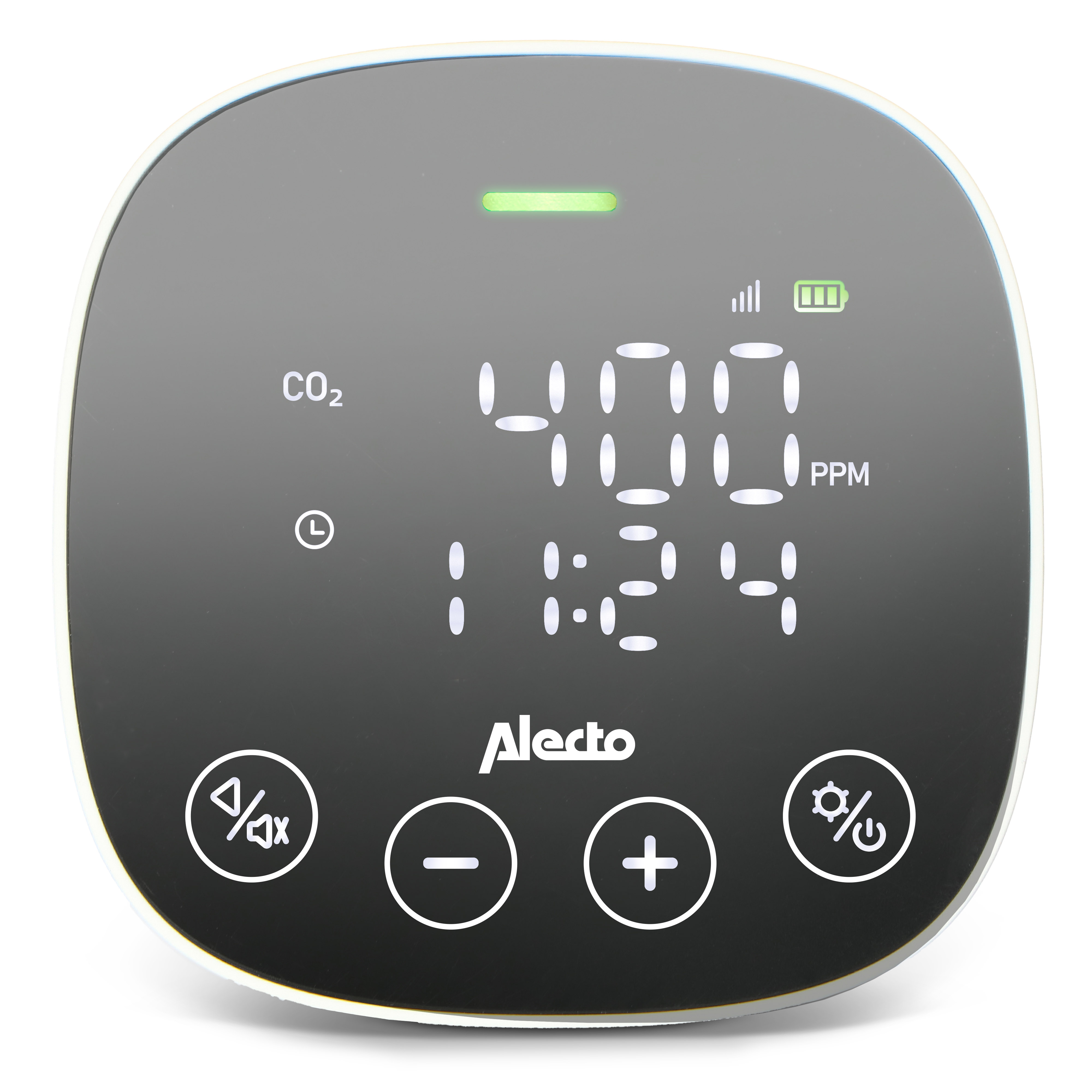 Ein Alecto-Gerät mit digitaler Anzeige, CO2-Wert und Uhrzeit.
