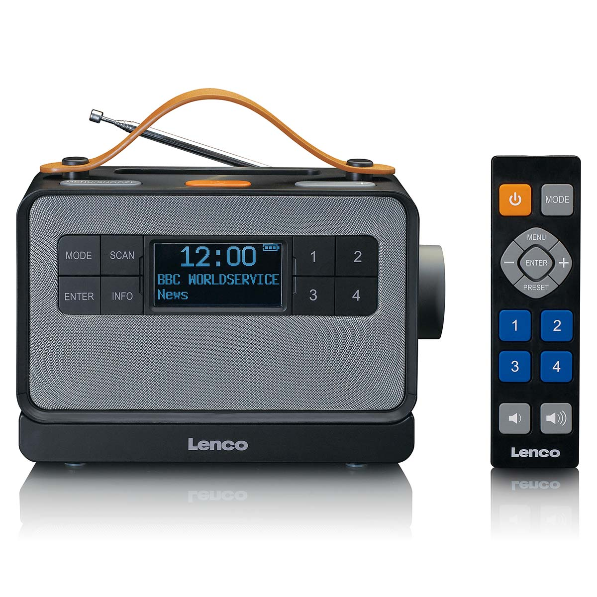 Una radio Lenco nera con telecomando, che mostra BBC World Service.