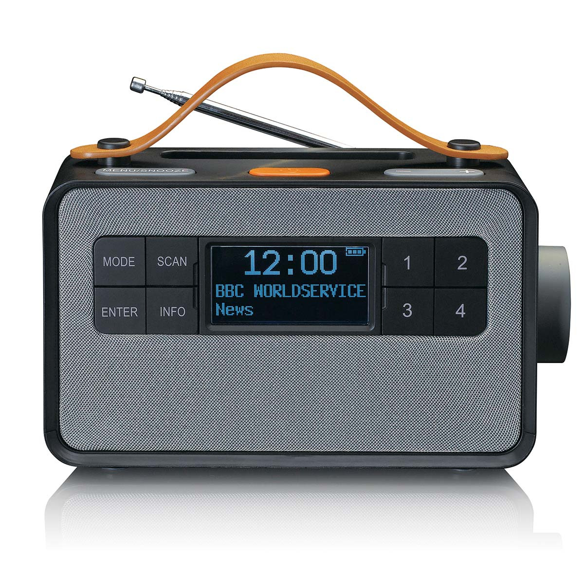 Una radio portatile nera con manico in pelle, display LCD mostra 12:00.