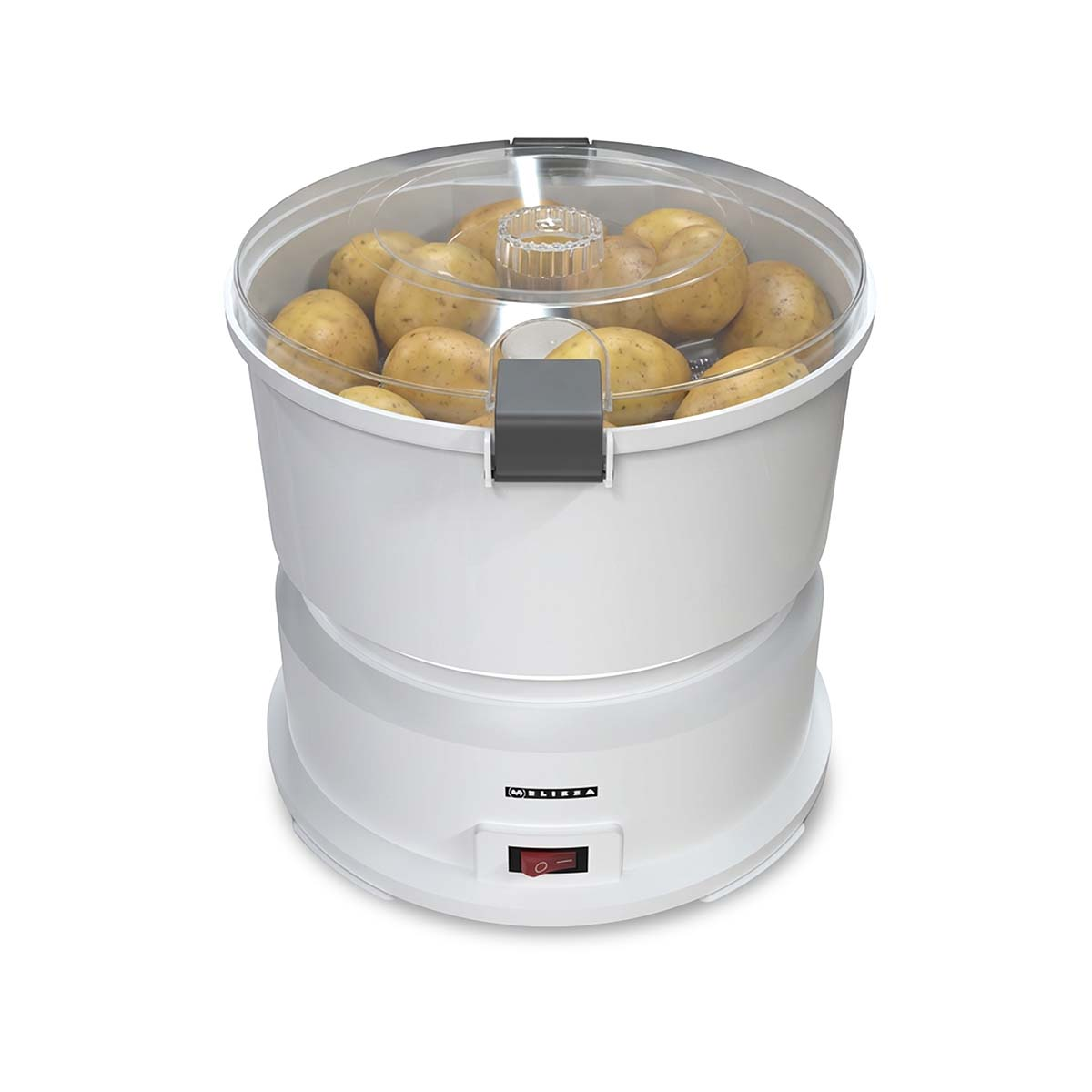Ein weißer Kartoffelschäler mit durchsichtigem Deckel, gefüllt mit Kartoffeln.