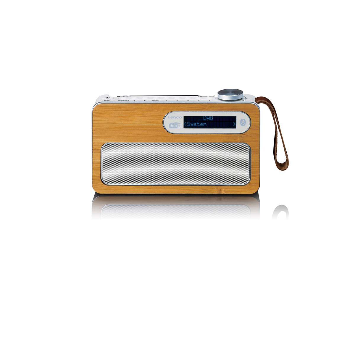 Une radio en bois avec cadran argenté, dragonne en cuir et écran DAB.
