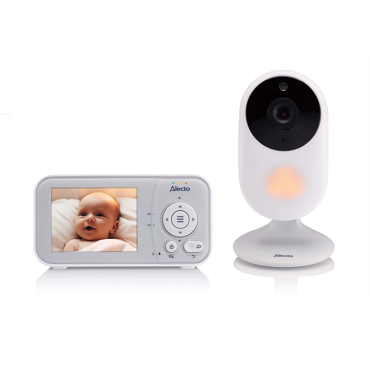 Ein Babyfon mit einem Monitor, auf dem ein Baby zu sehen ist, und einer Kamera.
