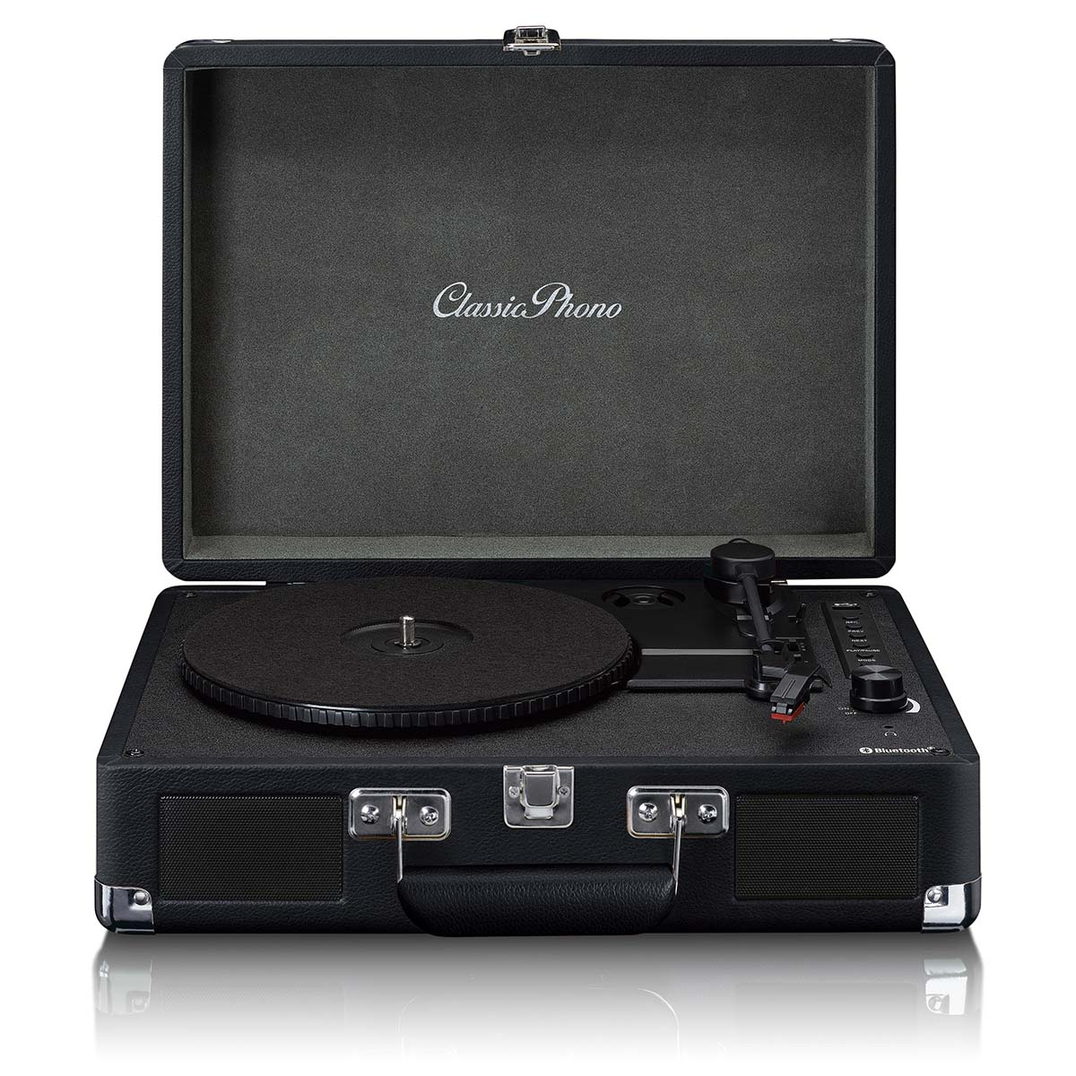 Zwarte platenspeler in kofferstijl met open deksel en "Classic Phono" logo.