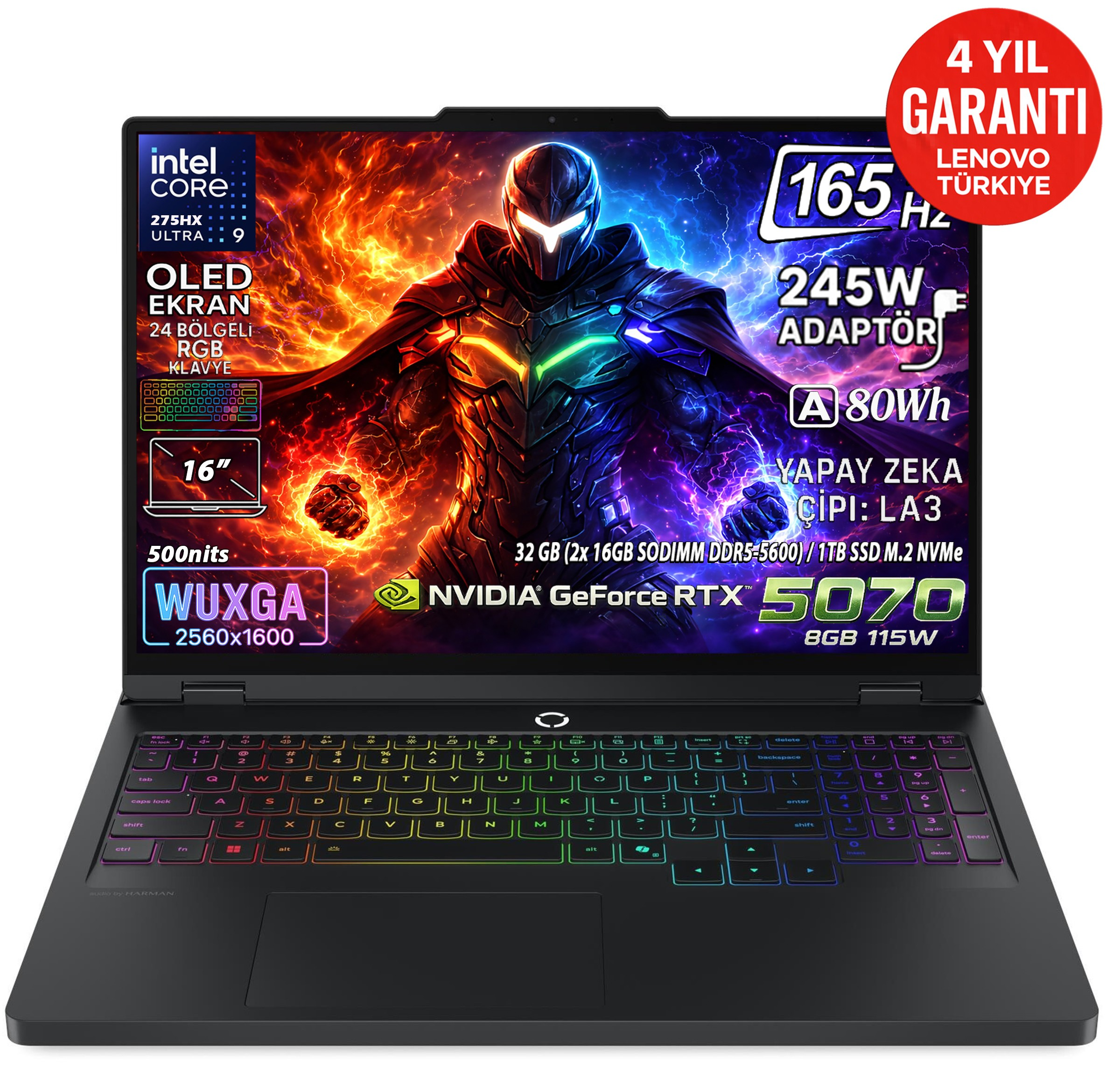 LENOVO Legion Pro 5 16IAX10 RTX 5070 8GB WQXGA Intel Core Ultra 9 275HX 32 GB RAM 1 TB SSD 16 inç FreeDOS Laptop Siyah