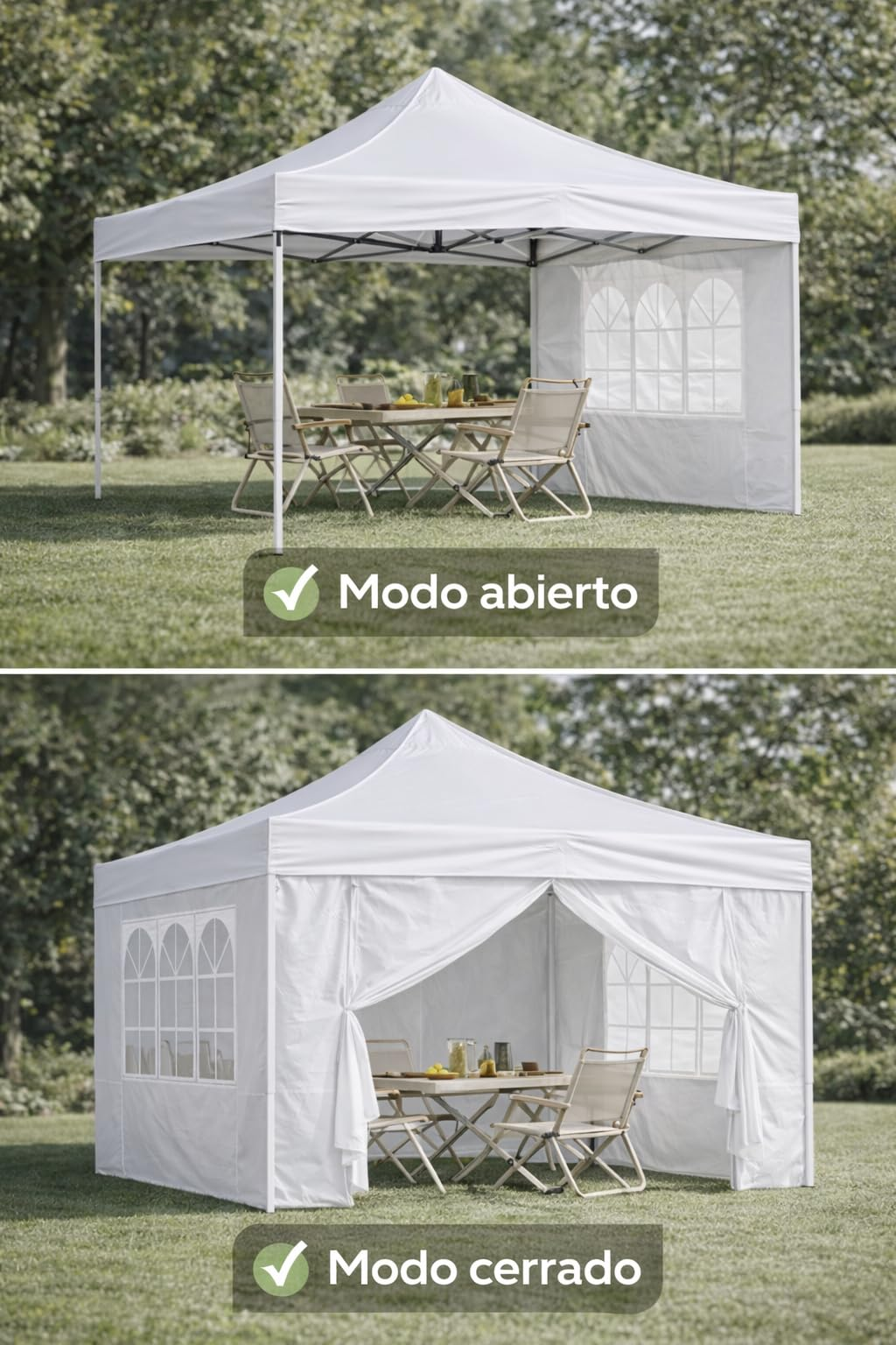 Una carpa blanca mostrada abierta y cerrada, con mesa y sillas dentro.