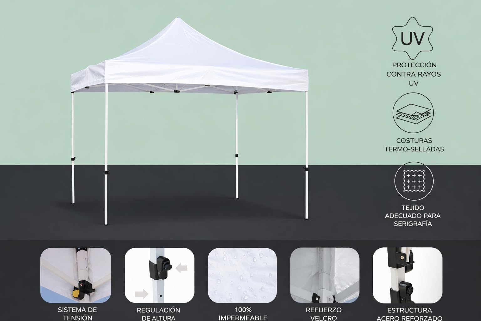 Un toldo blanco con estructura de acero, mostrando detalles de protección UV y resistencia al agua.