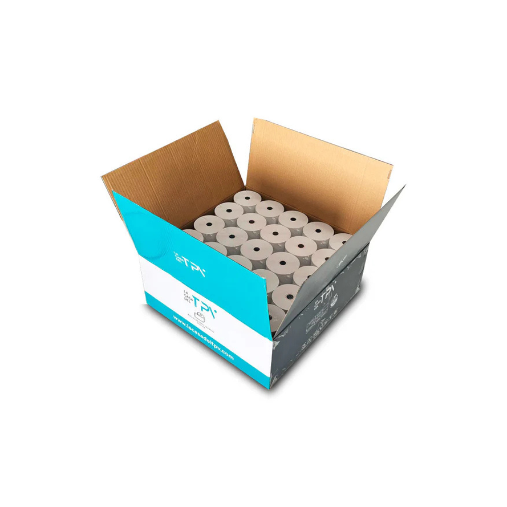 Caja de cartón abierta con rollos de papel blancos, logo azul impreso.