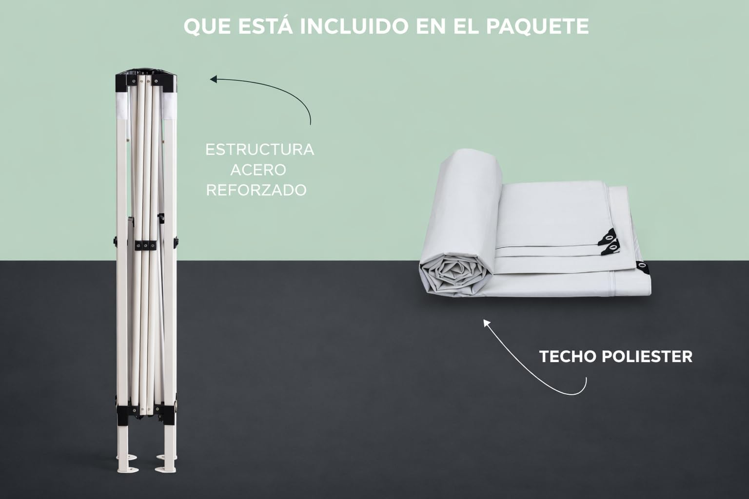 Una estructura de acero plegada y un techo de poliéster enrollado.