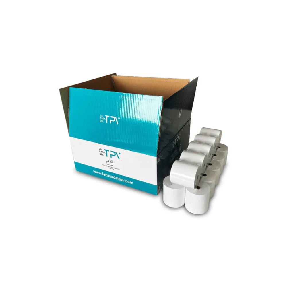 Caja de cartón abierta con rollos de papel al lado.