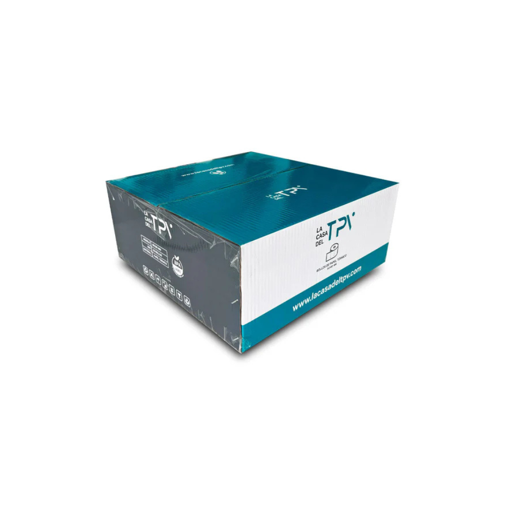 Una caja de cartón con rayas azules y blancas y el logo de TPI.