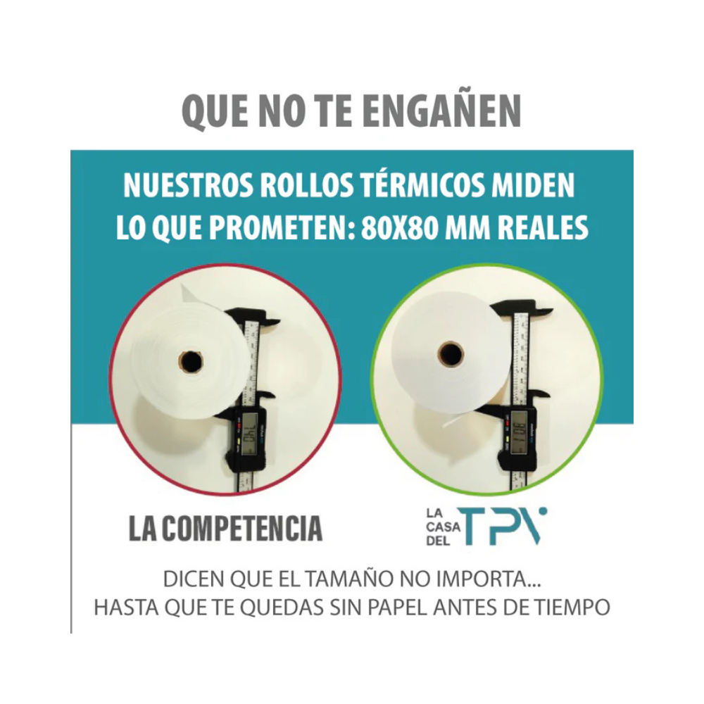 Rollos de papel térmico con calibradores mostrando el tamaño real.