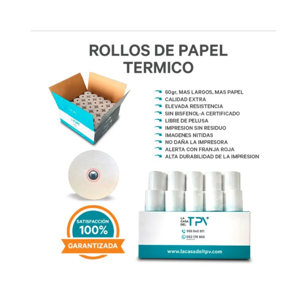 Imágenes de rollos de papel térmico: una caja abierta, un rollo y un paquete.