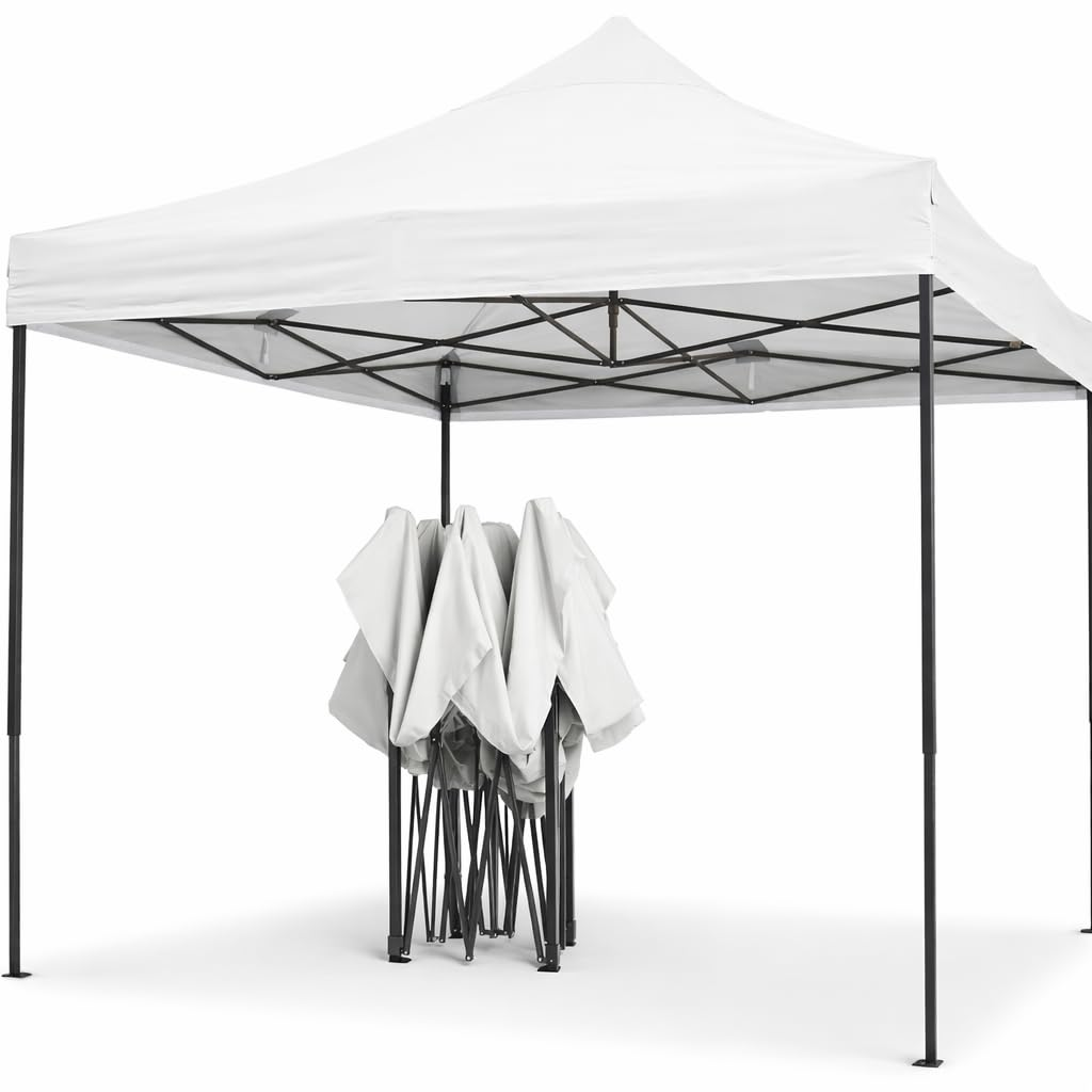 Una carpa plegable blanca con marco de metal negro, parcialmente plegada.