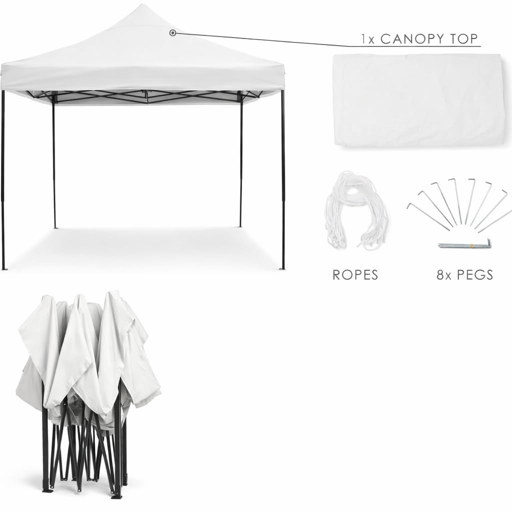 Una carpa blanca con accesorios: toldo, cuerdas y estacas.