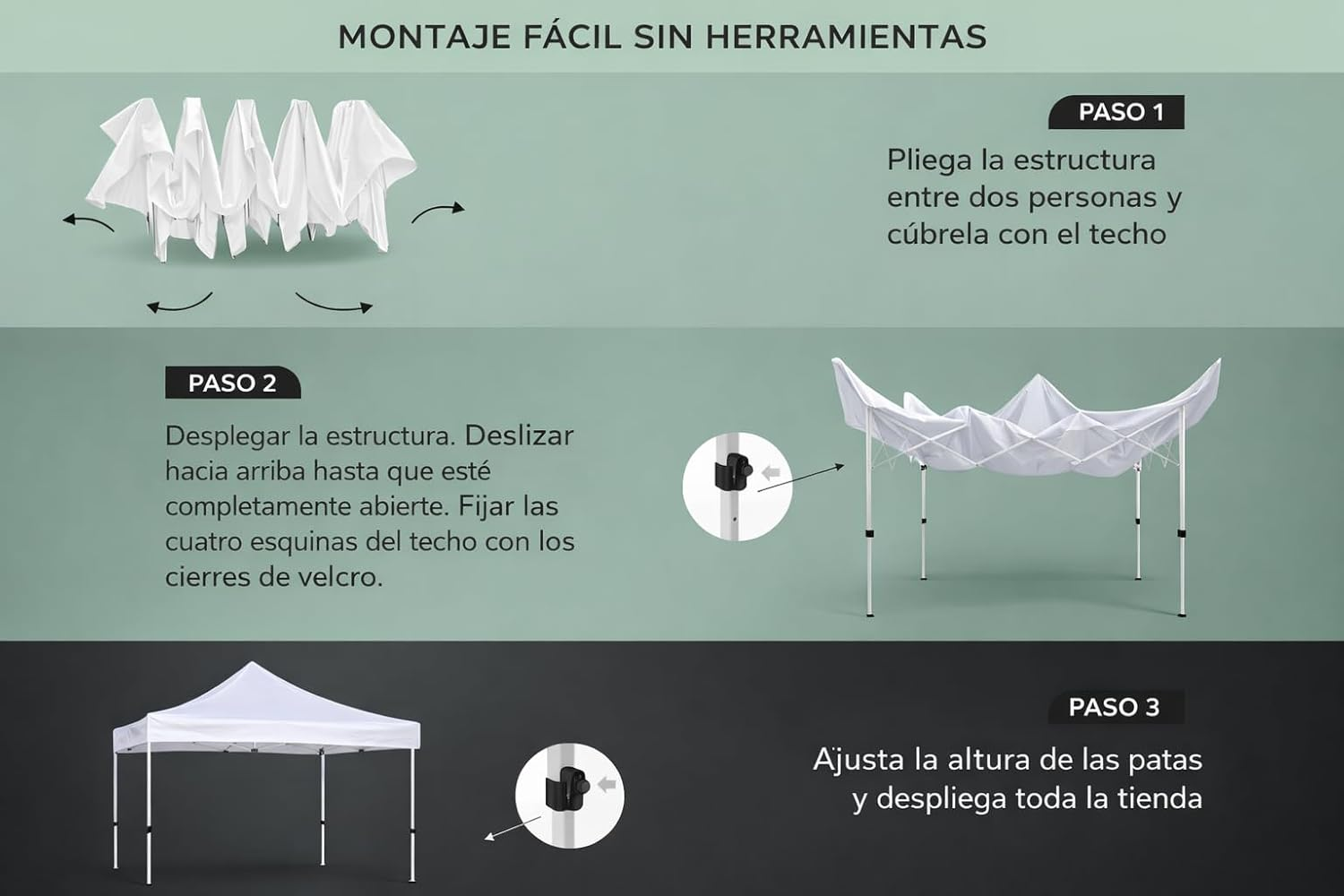 Guía de montaje de carpa: plegar, desplegar, ajustar patas. Fácil montaje.
