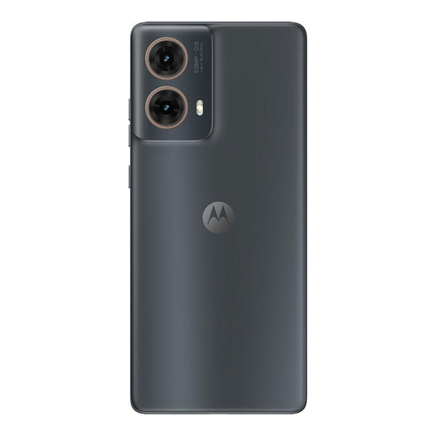 Parte trasera de un smartphone Motorola gris oscuro con doble cámara y logo Moto.