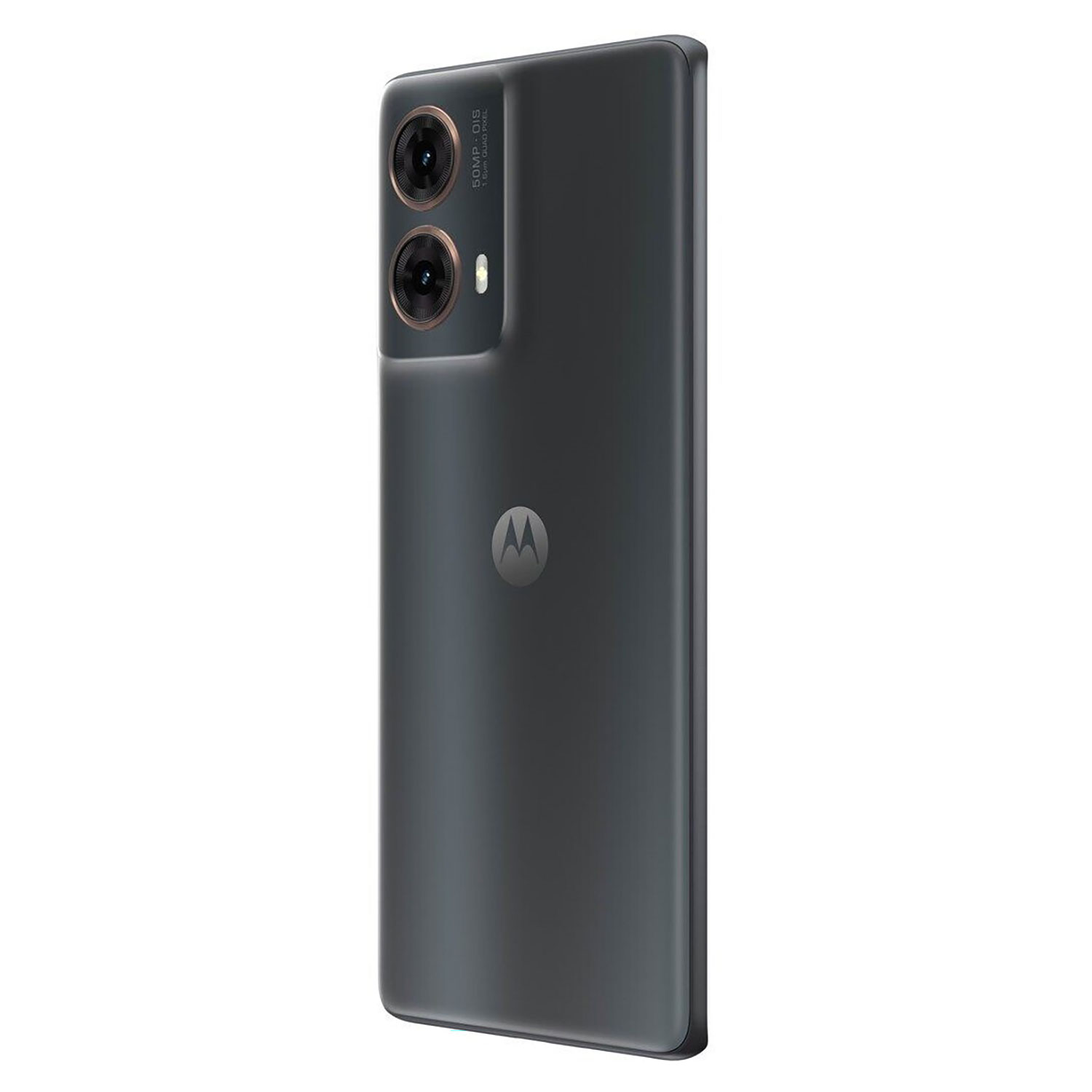 Teléfono inteligente gris oscuro con cámaras traseras duales y logo Motorola.