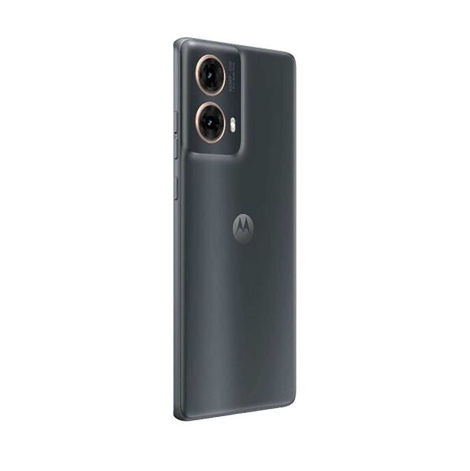 Smartphone Motorola gris oscuro visto desde atrás con dos cámaras y logo.