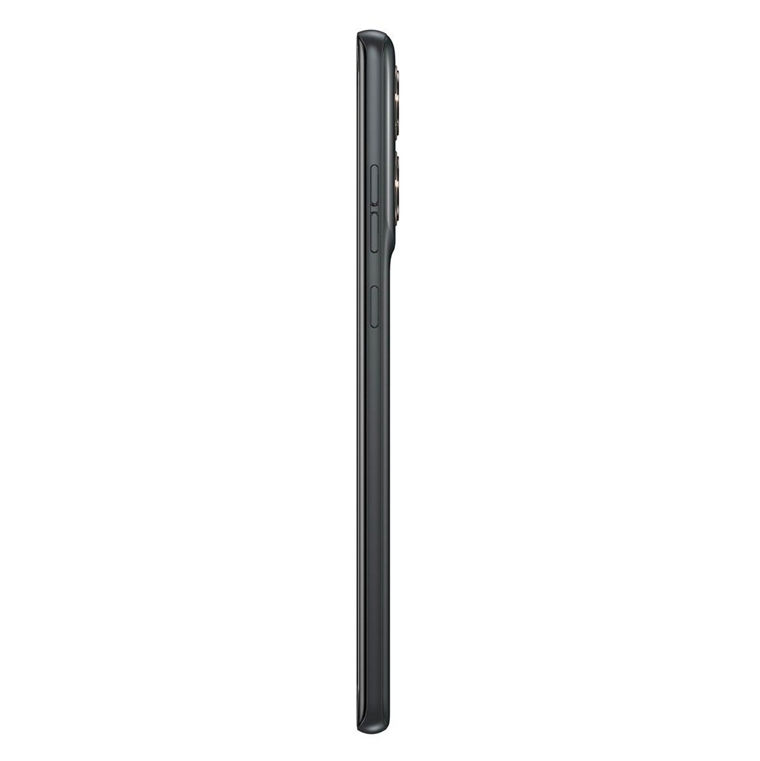 Teléfono inteligente gris de perfil con botones laterales, fondo blanco.