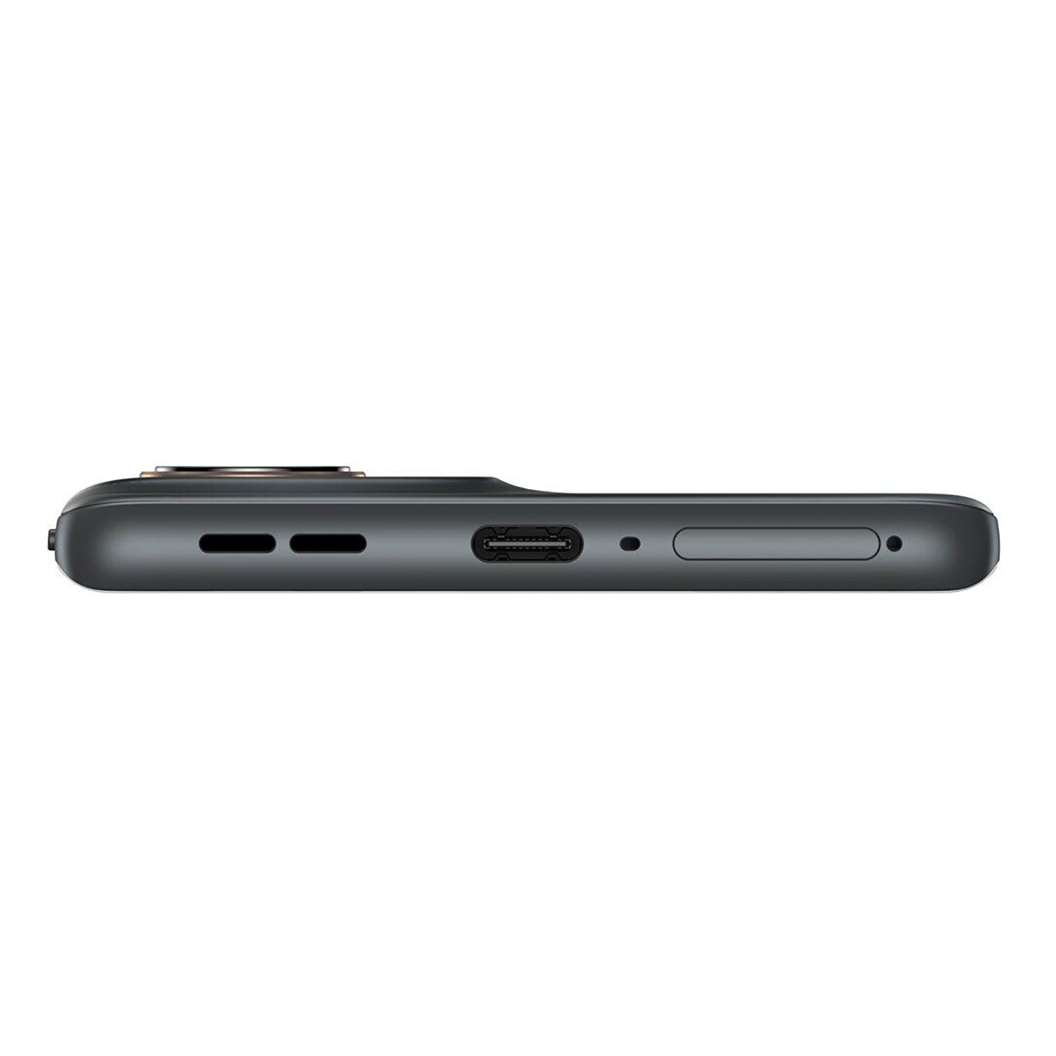 Primer plano del borde inferior de un smartphone oscuro, mostrando el puerto de carga y botones.