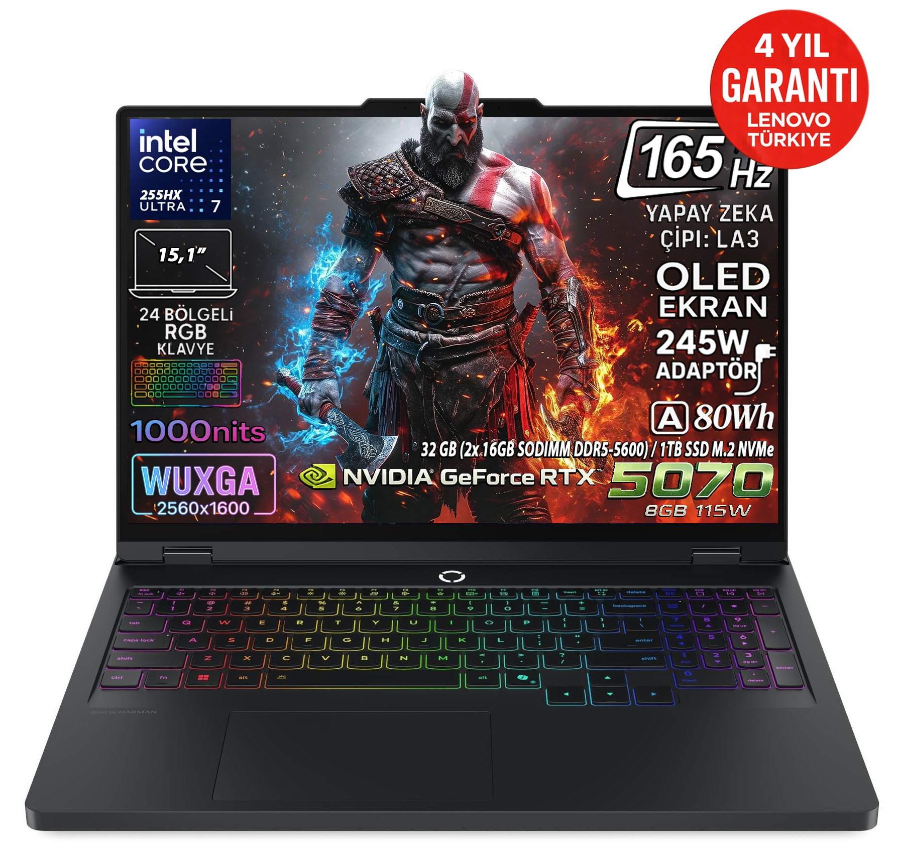 LENOVO Legion 5 15IAX10 RTX 5070 8GB WQXGA OLED 16 Intel Core Ultra 7 32 GB RAM 1 TB SSD 15,1 inç FreeDOS Laptop Siyah