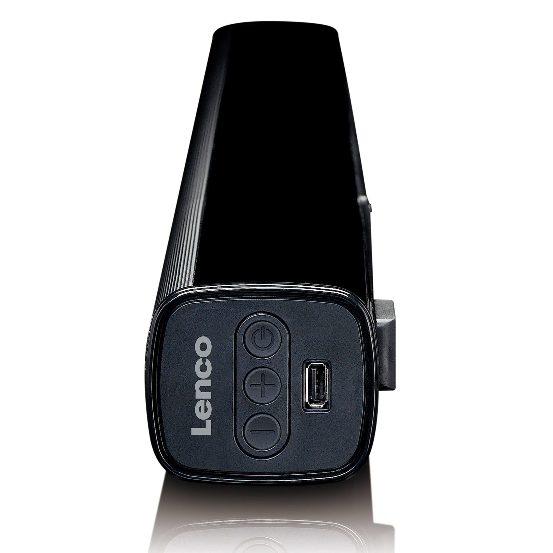 Schwarzer Lenco Lautsprecher mit USB-Anschluss und Tasten.