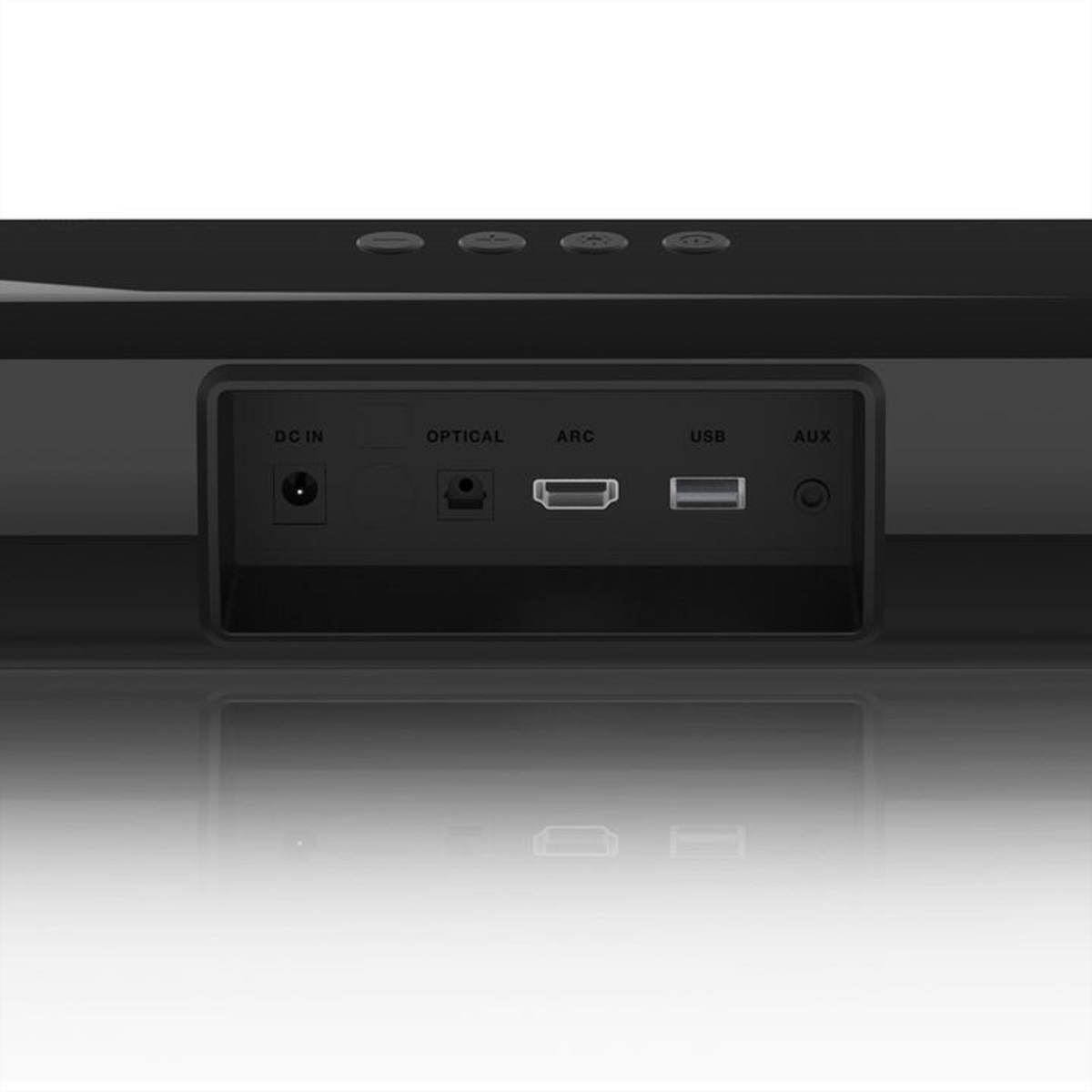Tył czarnego soundbara z portami DC IN, OPTICAL, ARC, USB, AUX.
