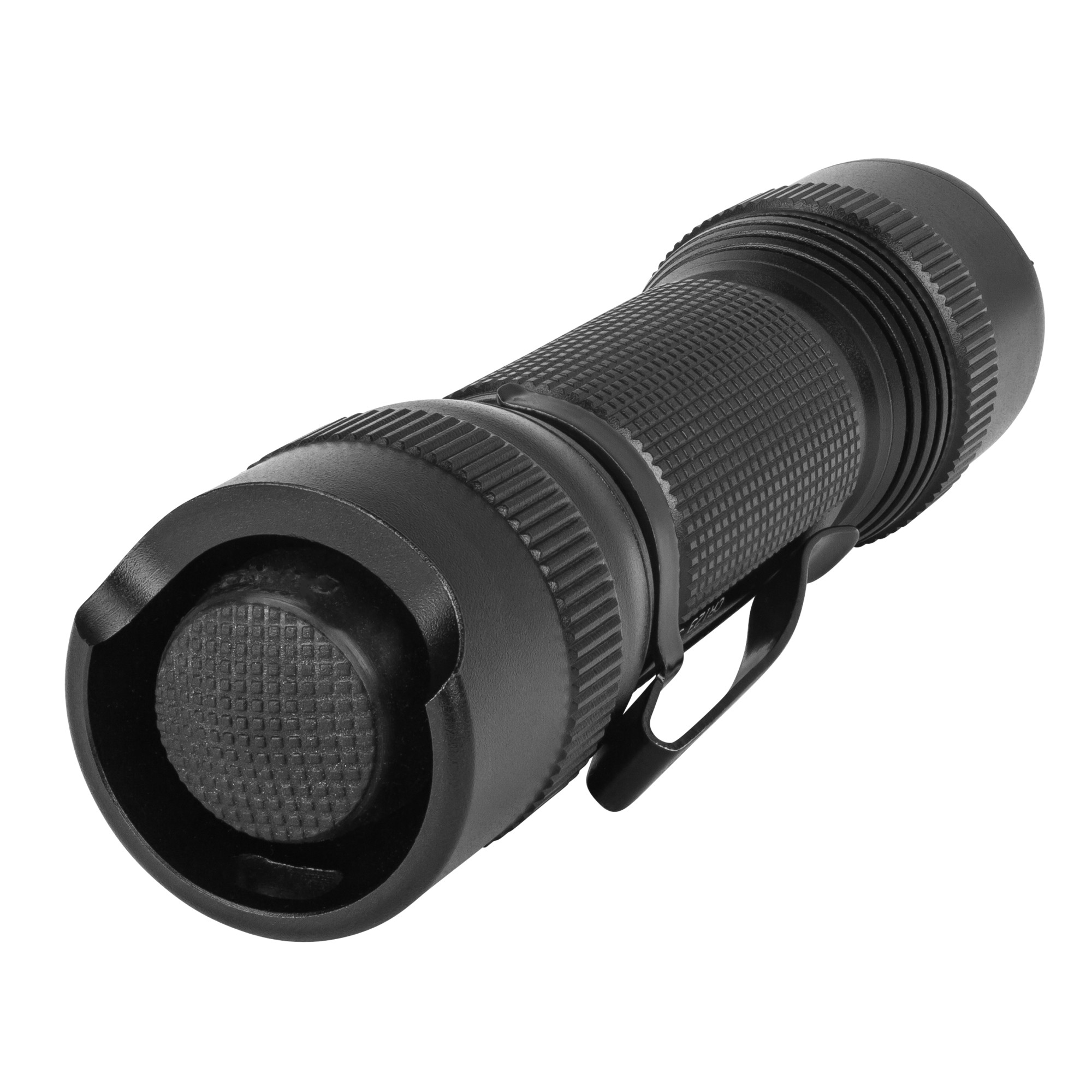 Czarna latarka z teksturowanym uchwytem i klipsem.