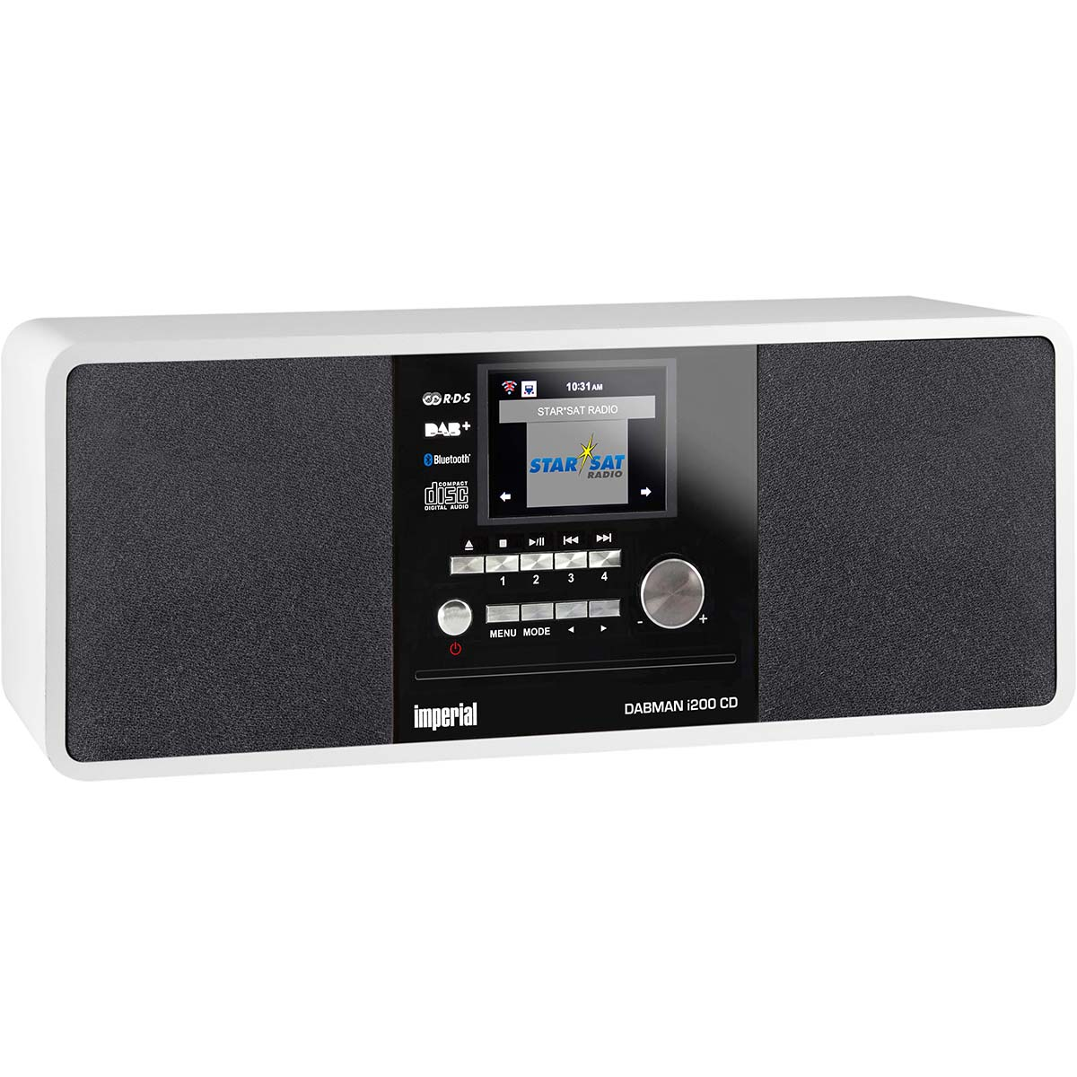 Una radio DAB+ blanca con reproductor de CD y pantalla a color. Altavoces a izquierda y derecha.