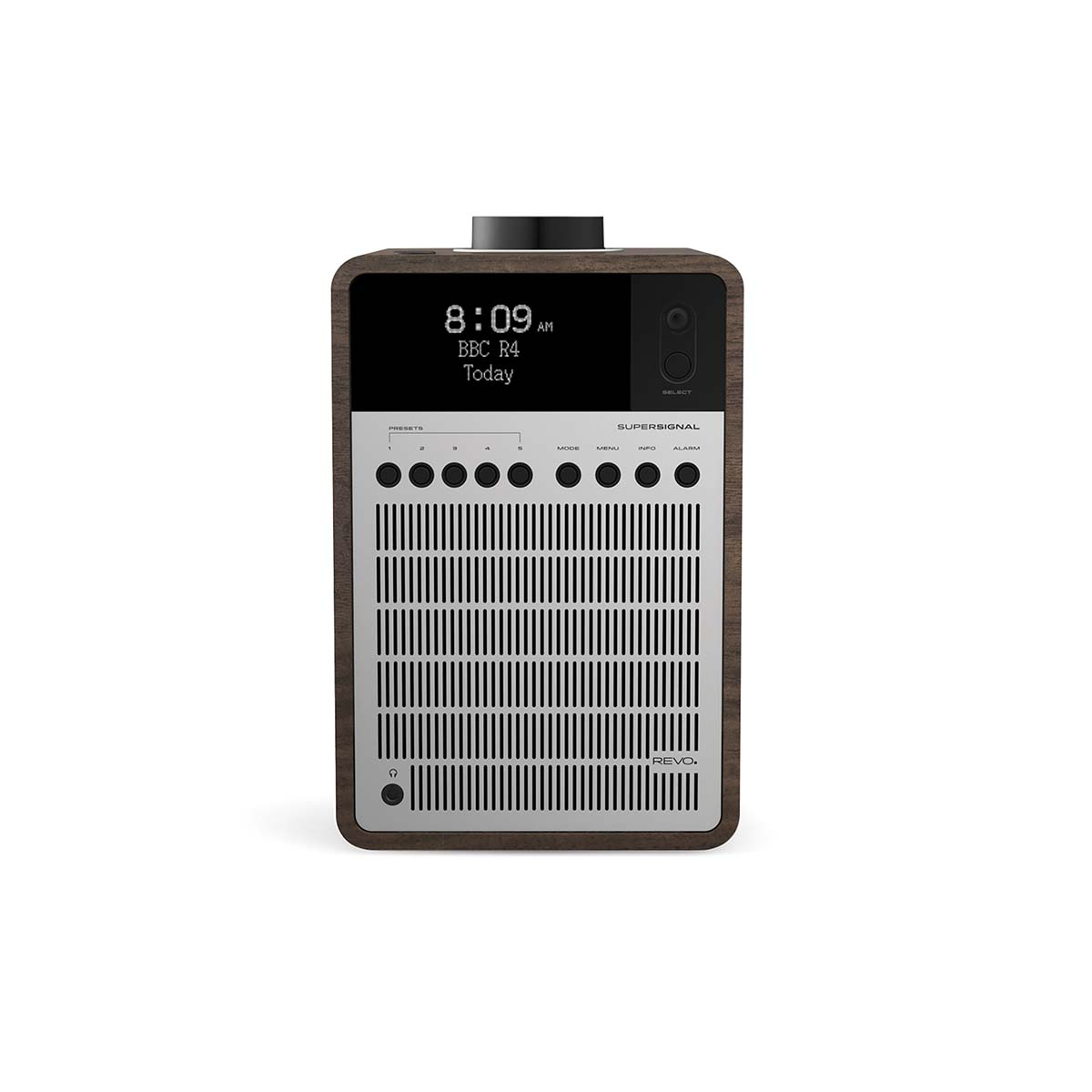 Een houten radio met zwart scherm waarop 8:09 AM, BBC R4 en Today wordt weergegeven.