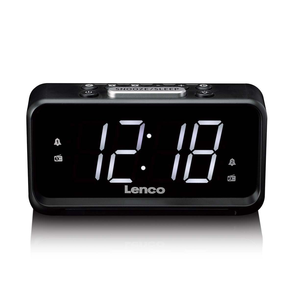 Réveil numérique Lenco noir affichant 12:18 avec bouton snooze/sleep.