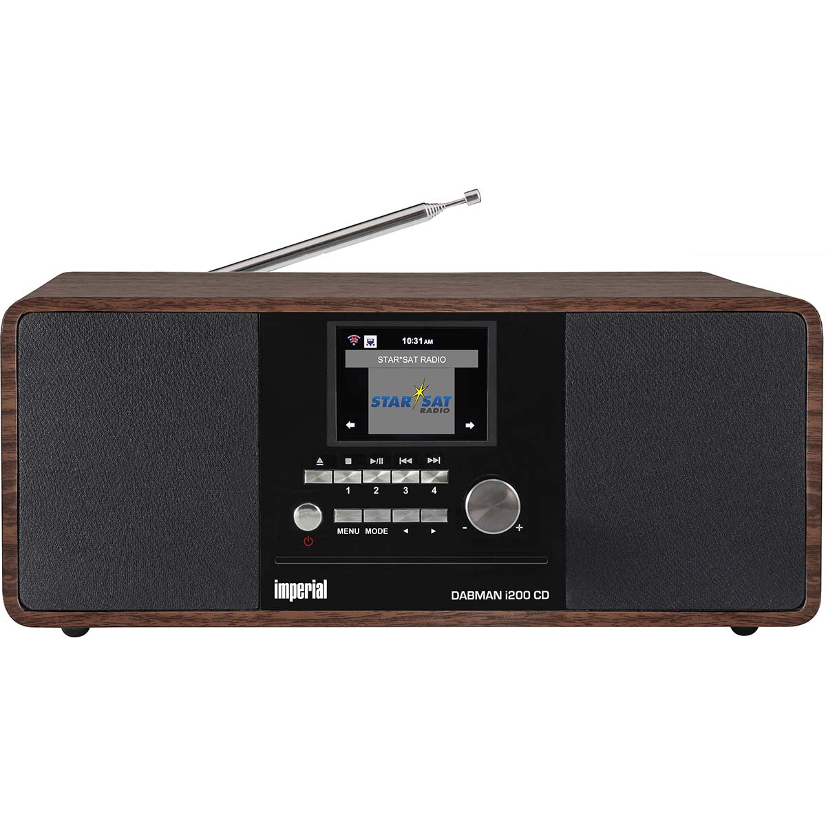 Ein brauner DAB+-Radio mit silberner Antenne und einem Bildschirm.