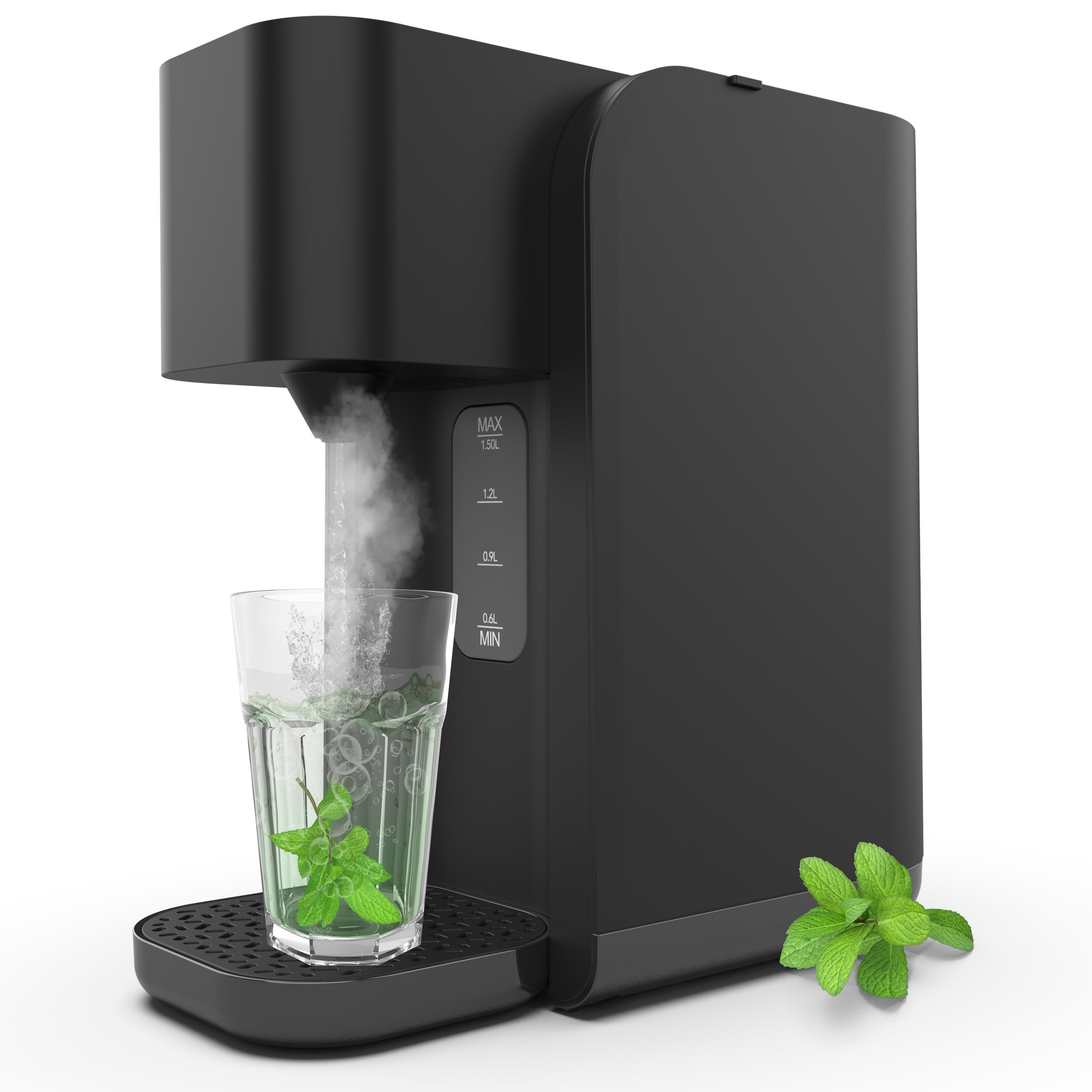 Een zwarte waterdispenser giet stoom in een glas met munt.